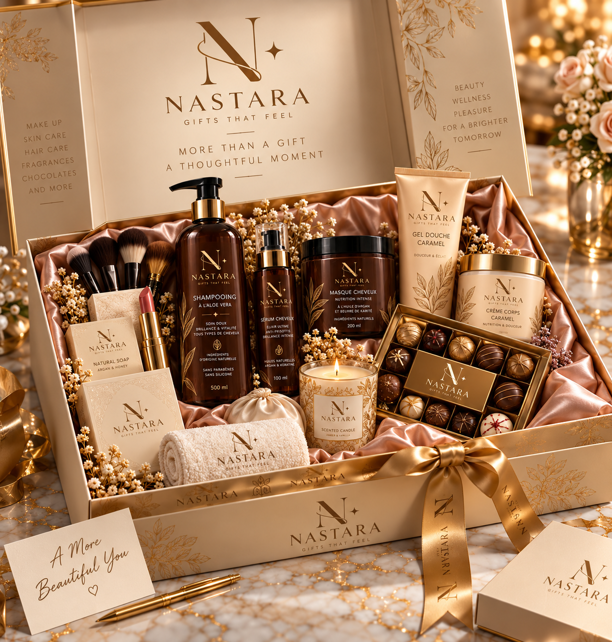 Coffret cadeau premium NASTARA avec maquillage, soins, parfums et chocolats